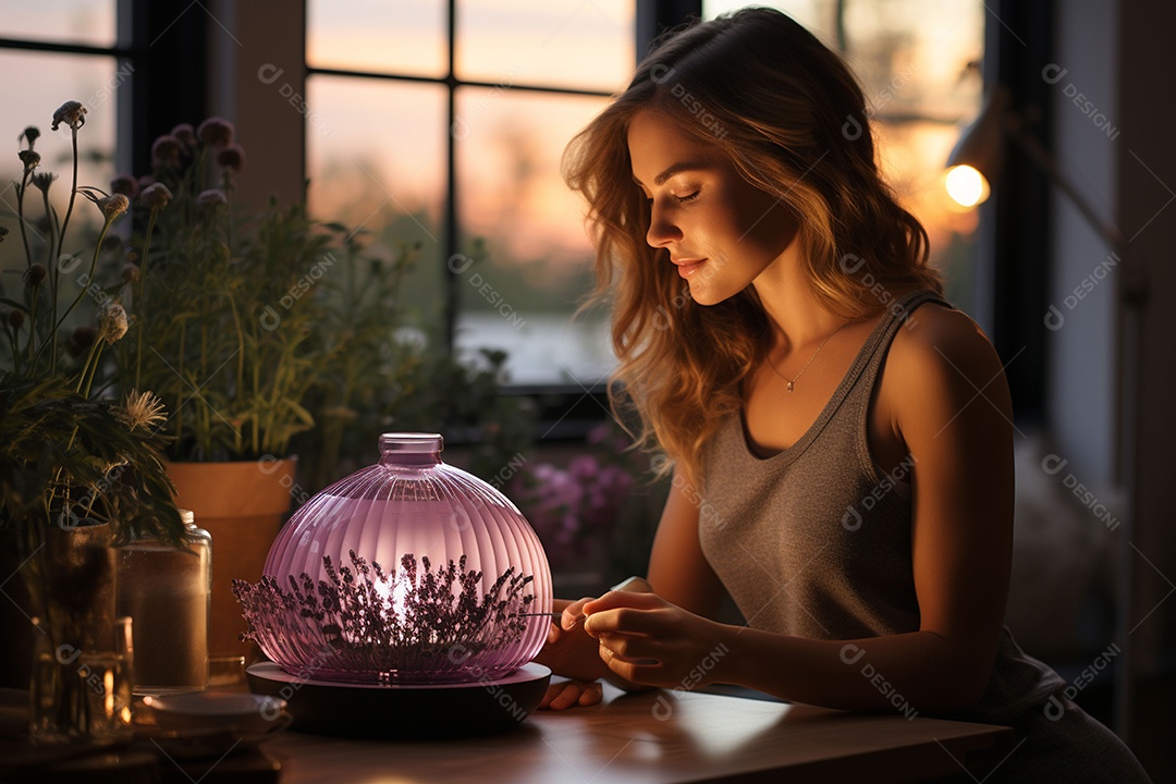 Mulher pingando óleos essenciais de lavanda no rosto