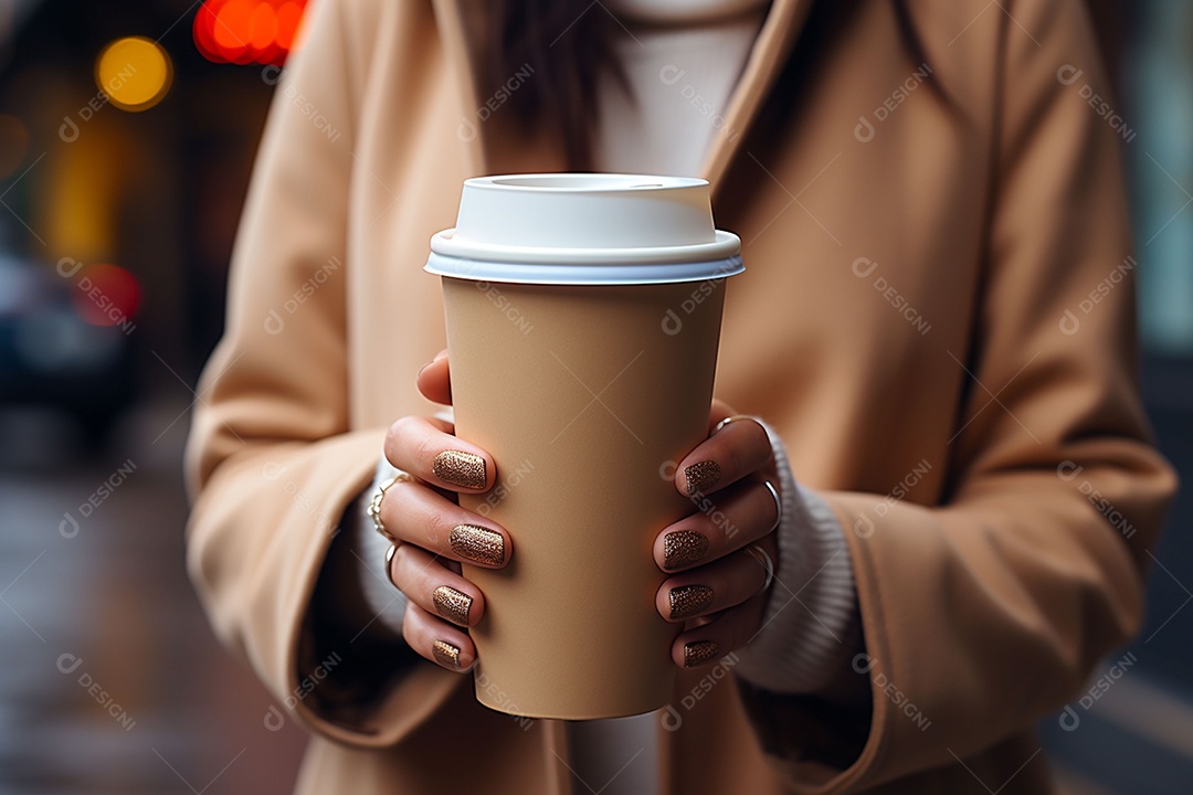 Mulheres segurando um copo de papelão com café para viagem