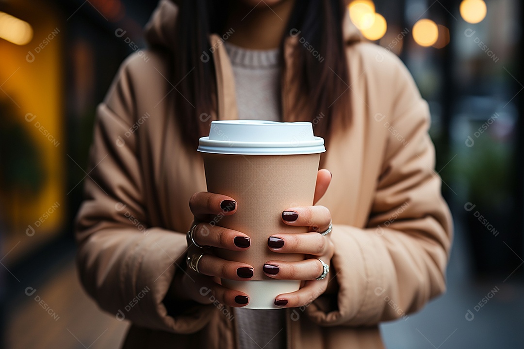 Mulheres segurando um copo de papelão com café para viagem