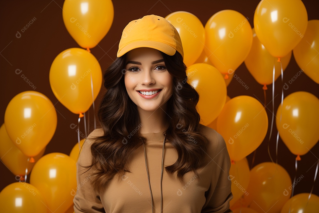 Jovem grávida usando boné de festa segurando chapéu colorido