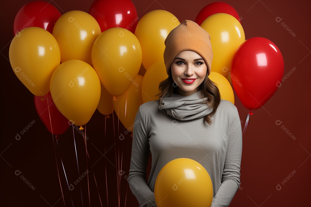 Jovem grávida usando boné de festa segurando chapéu colorido