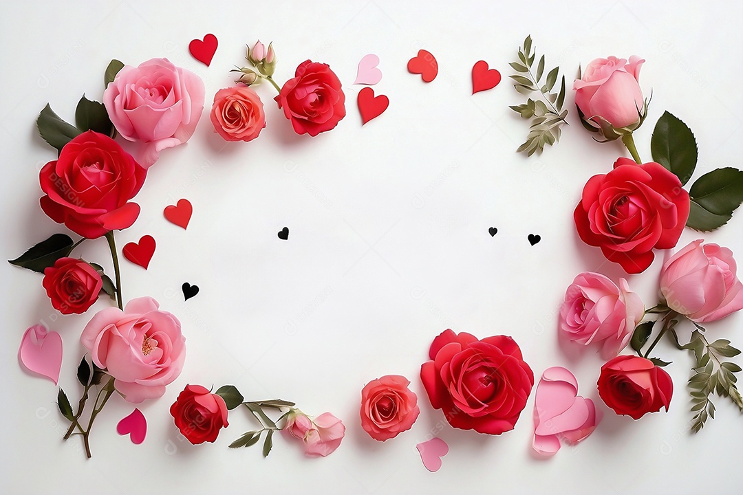 Flores vermelhas e rosas sobre um fundo isolado branco.