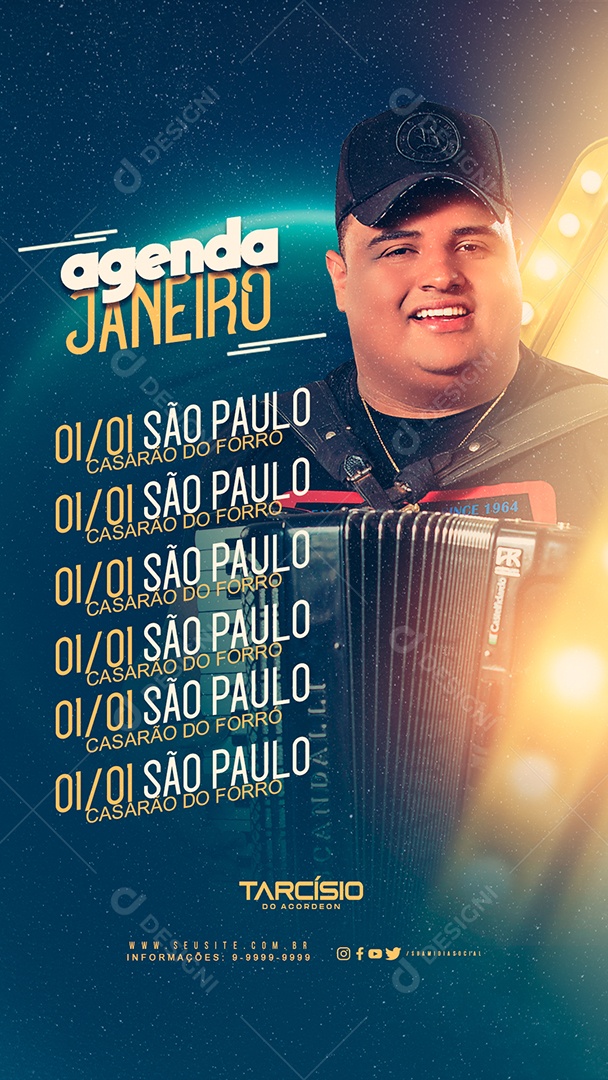 Social Media Flyer Story Agenda Janeiro Tarcísio Do Acordeon PSD Editável