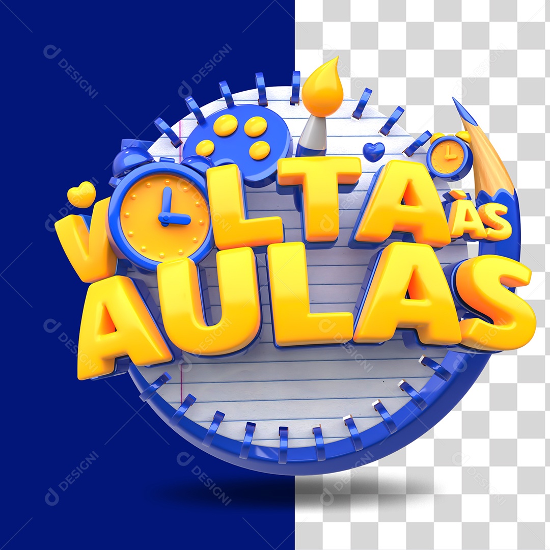 Volta às Aulas Selo 3D Amarelo e Azul para Composição PSD