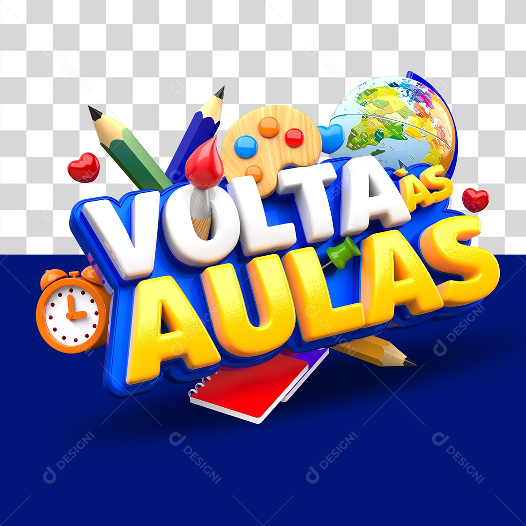 Volta às Aulas Selo 3D Branco Amarelo e Azul para Composição PSD