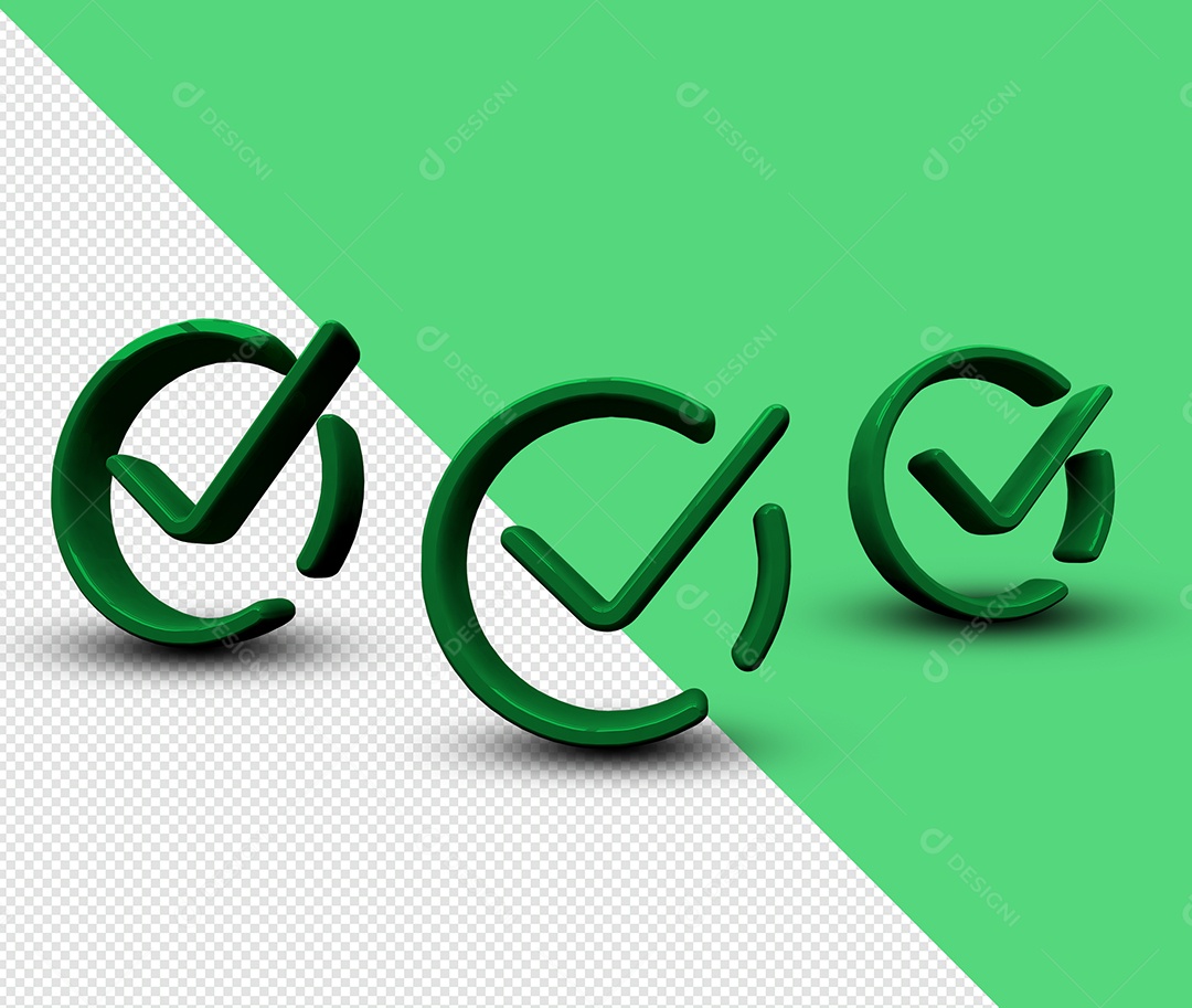 Ícone Check Verificado Aprovado Verde Elemento 3D para Composição PSD
