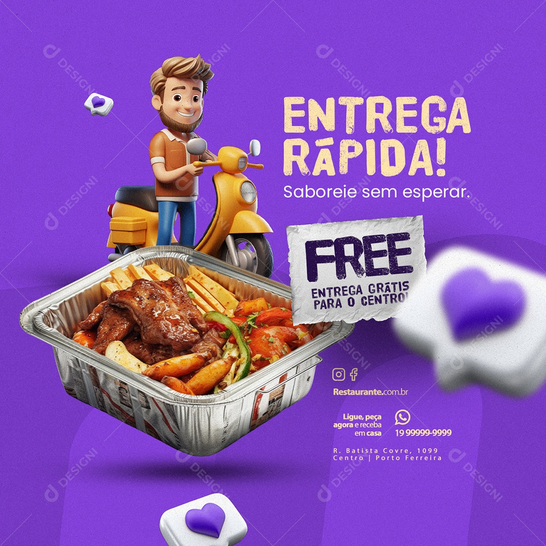 Restaurante Marmitas Entrega Rápida Saboreie sem esperar Free Entrega Grátis Social Media PSD Editável