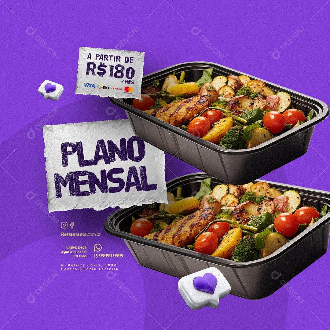 Restaurante Marmitas Plano Mensal Social Media PSD Editável