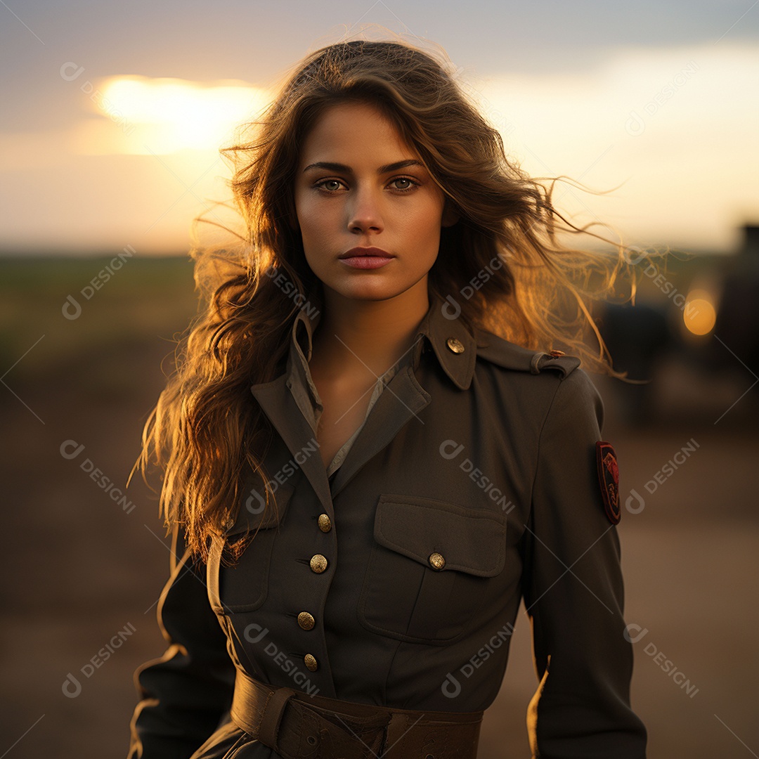 Mulher soldado italiana sob fundo de um pôr do sol