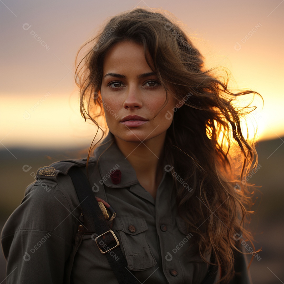 Mulher soldado italiana sob fundo de um pôr do sol