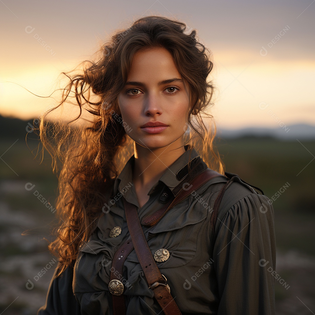 Mulher soldado italiana sob fundo de um pôr do sol