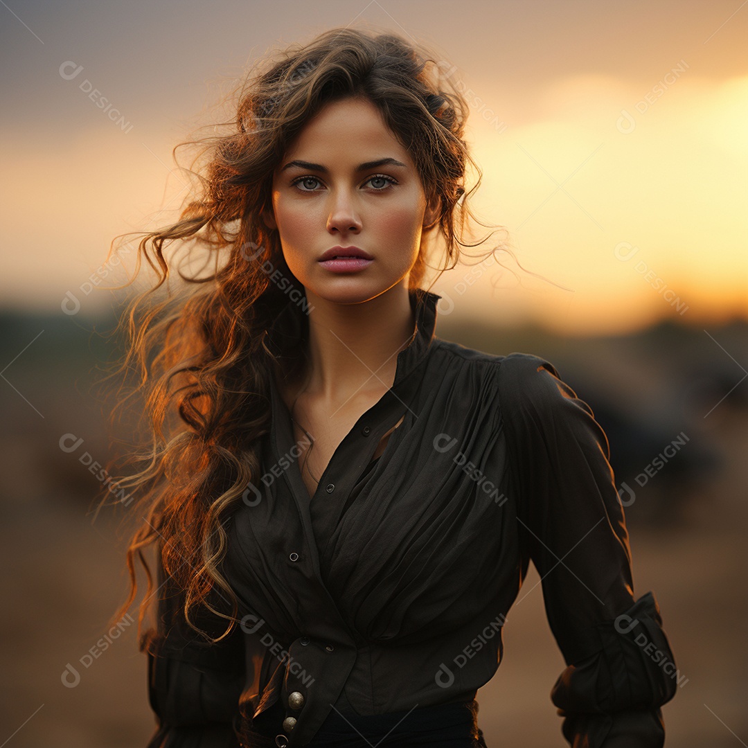 Mulher soldado italiana sob fundo de um pôr do sol