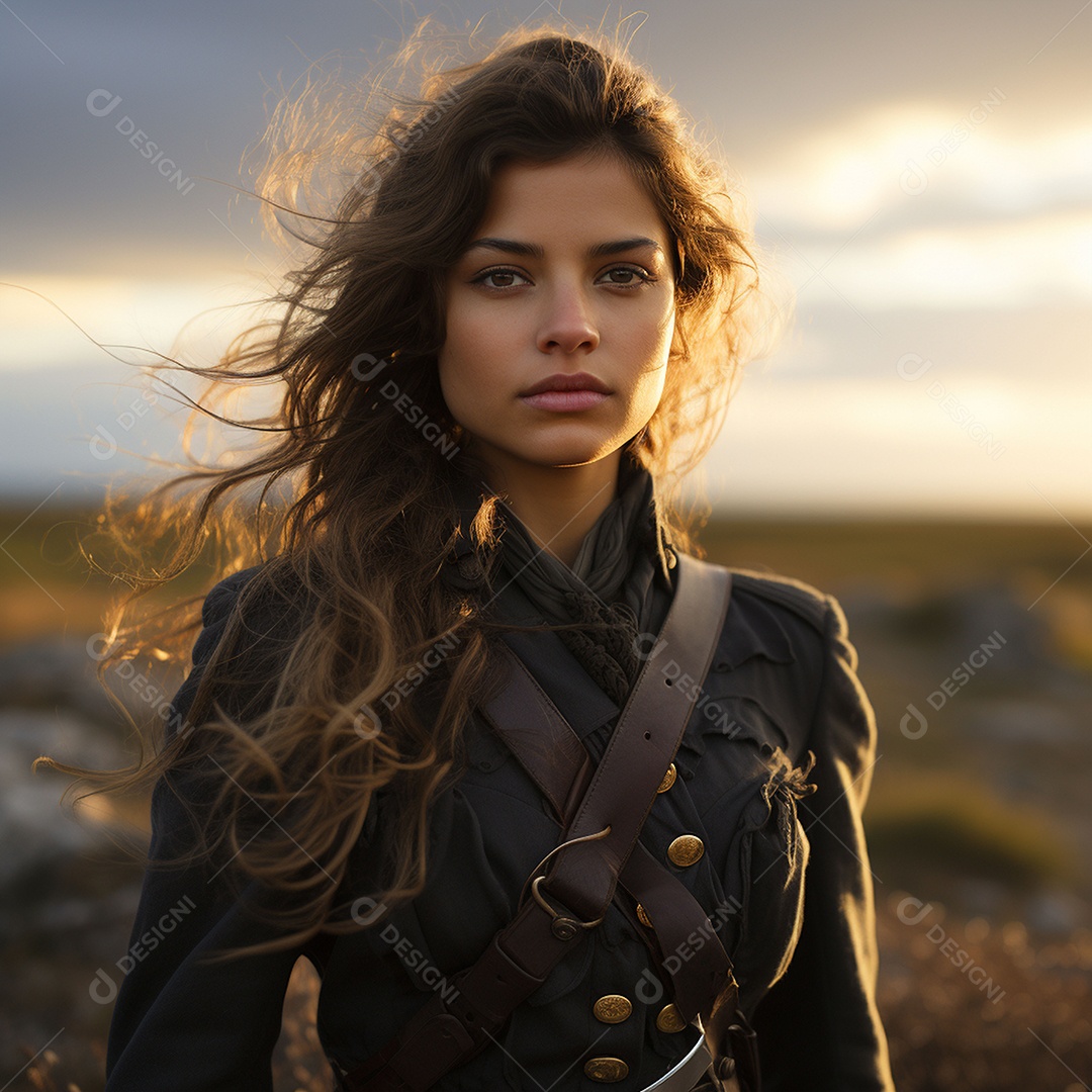 Mulher soldado italiana sob fundo de um pôr do sol