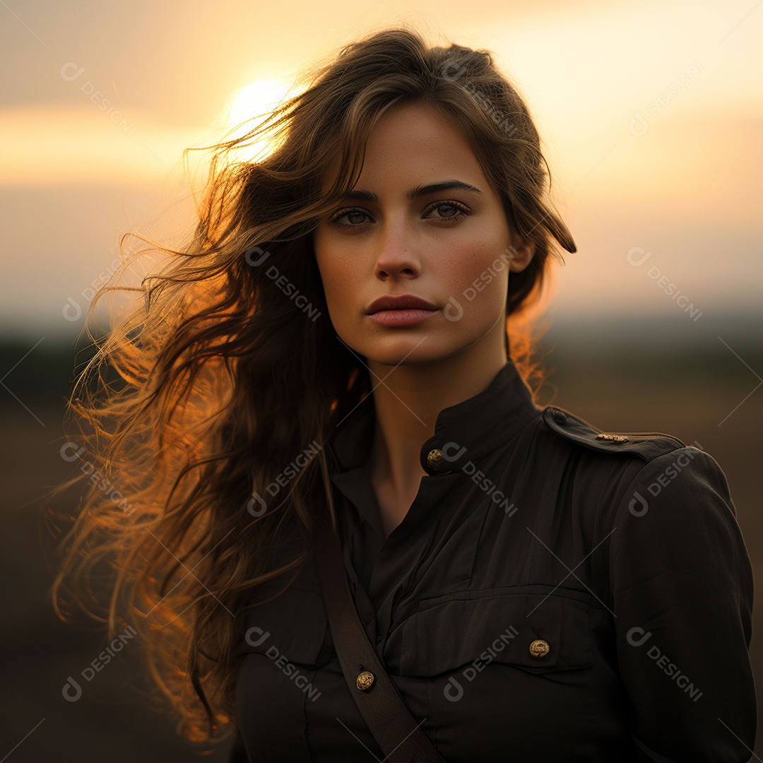 Mulher soldado italiana sob fundo de um pôr do sol