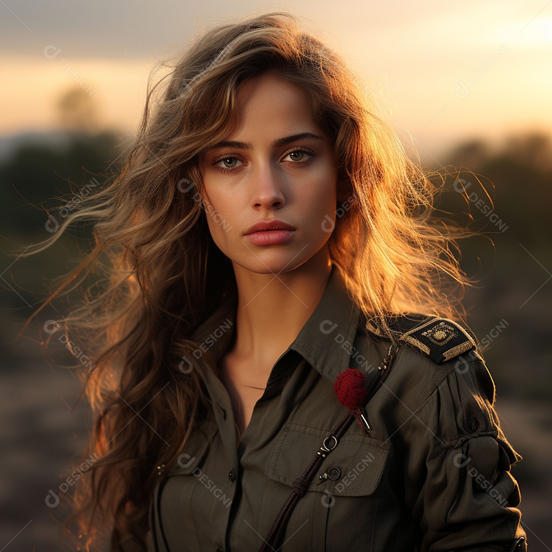 Mulher soldado italiana sob fundo de um pôr do sol