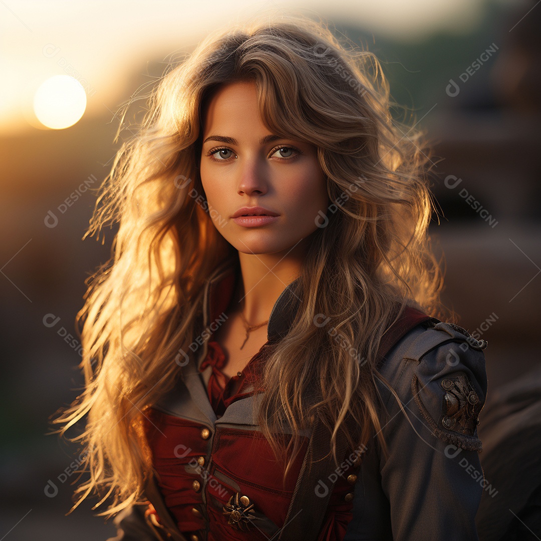 Mulher soldado italiana sob fundo de um pôr do sol