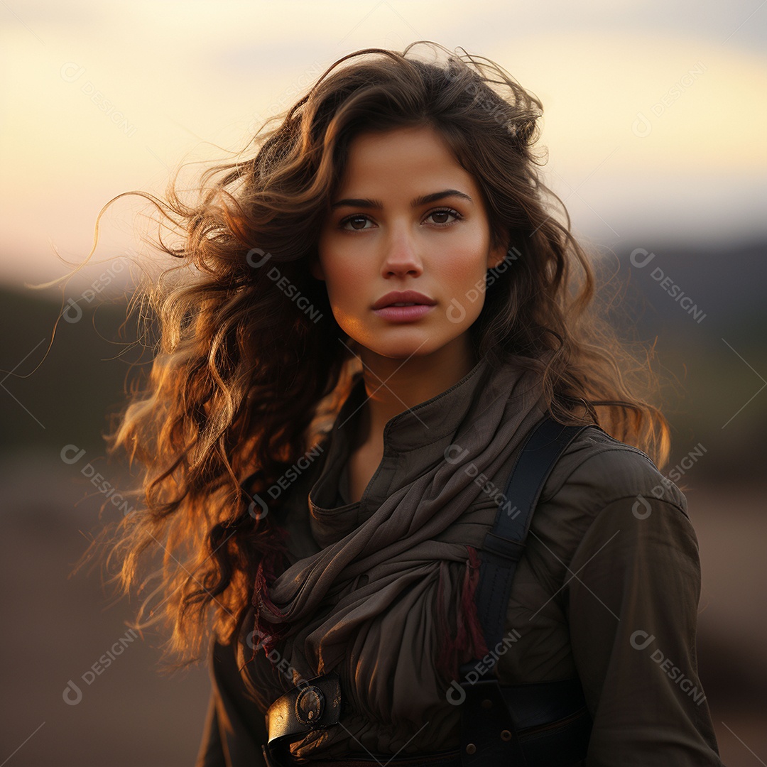 Mulher soldado italiana sob fundo de um pôr do sol