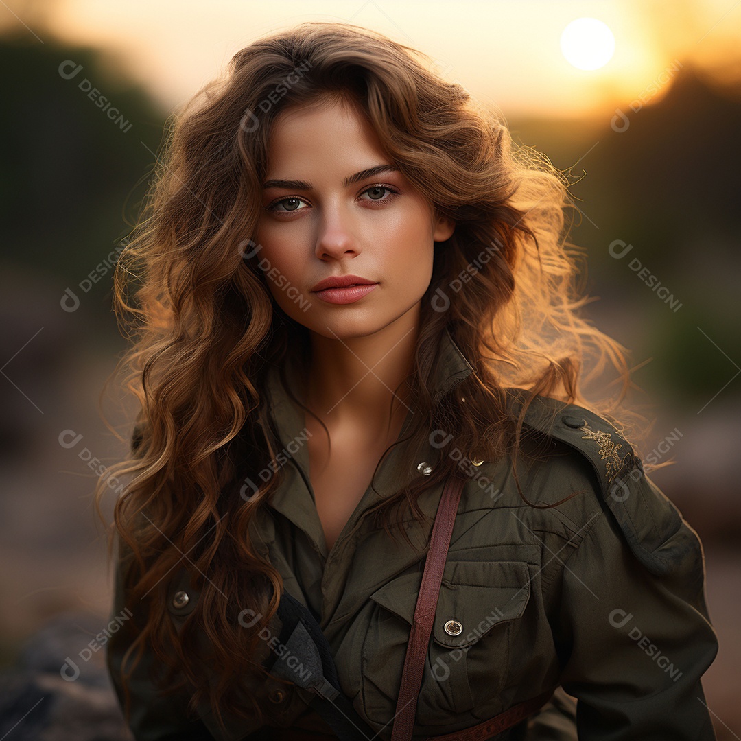 Mulher soldado italiana sob fundo de um pôr do sol