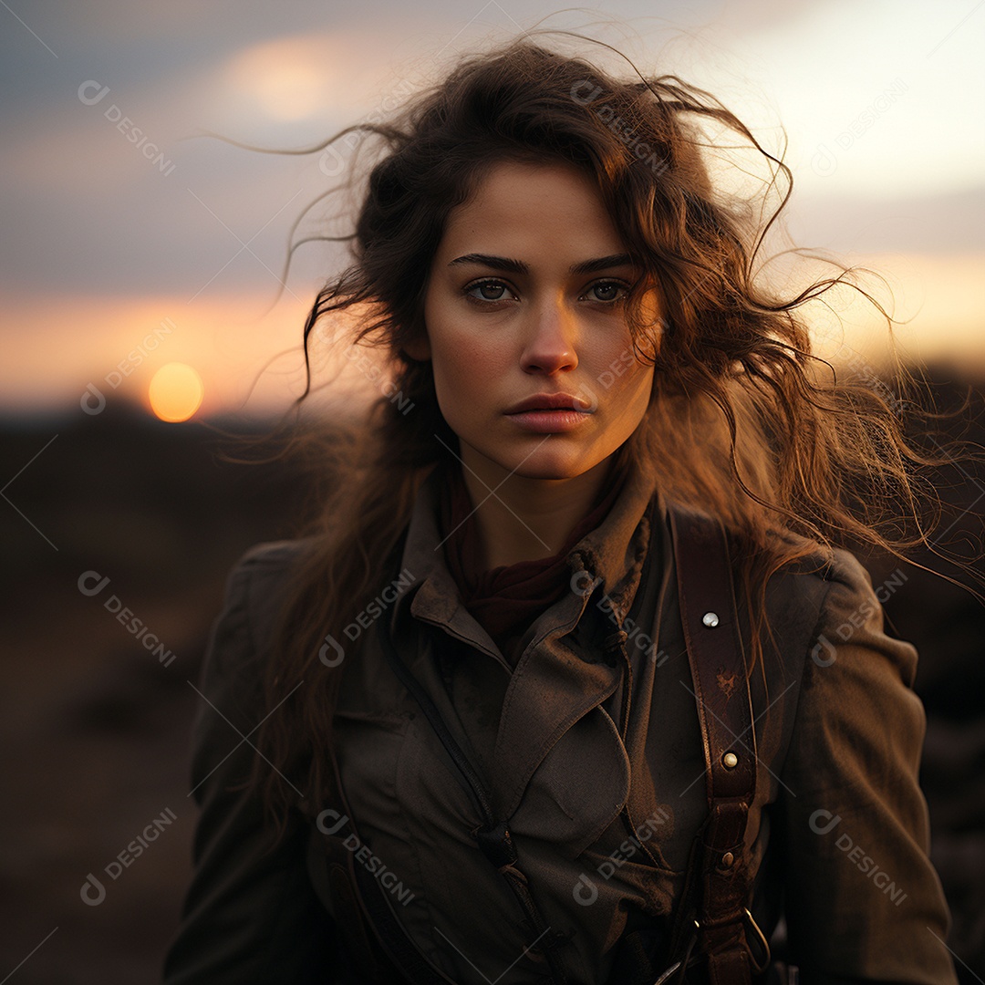 Mulher soldado italiana sob fundo de um pôr do sol