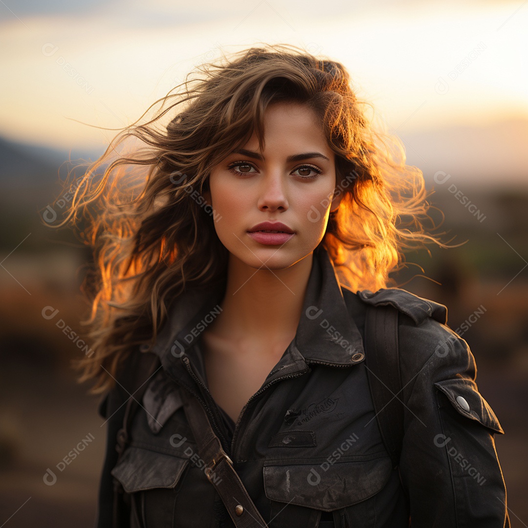 Mulher soldado italiana sob fundo de um pôr do sol