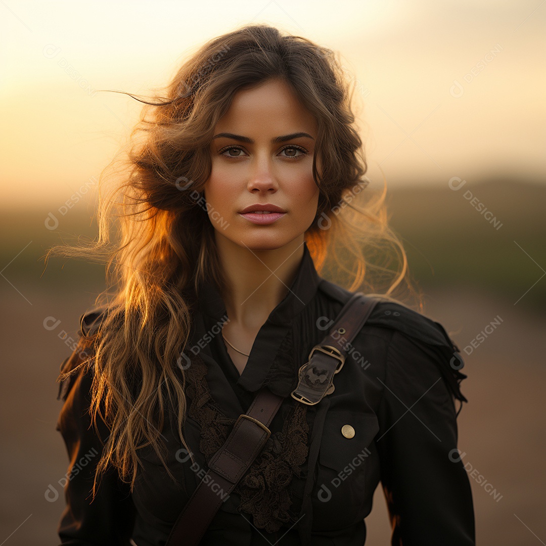 Mulher soldado italiana sob fundo de um pôr do sol