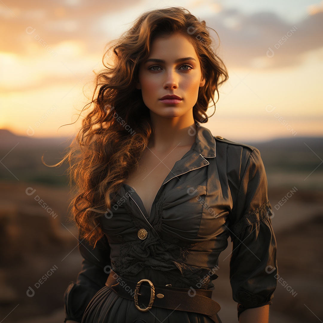 Mulher soldado italiana sob fundo de um pôr do sol