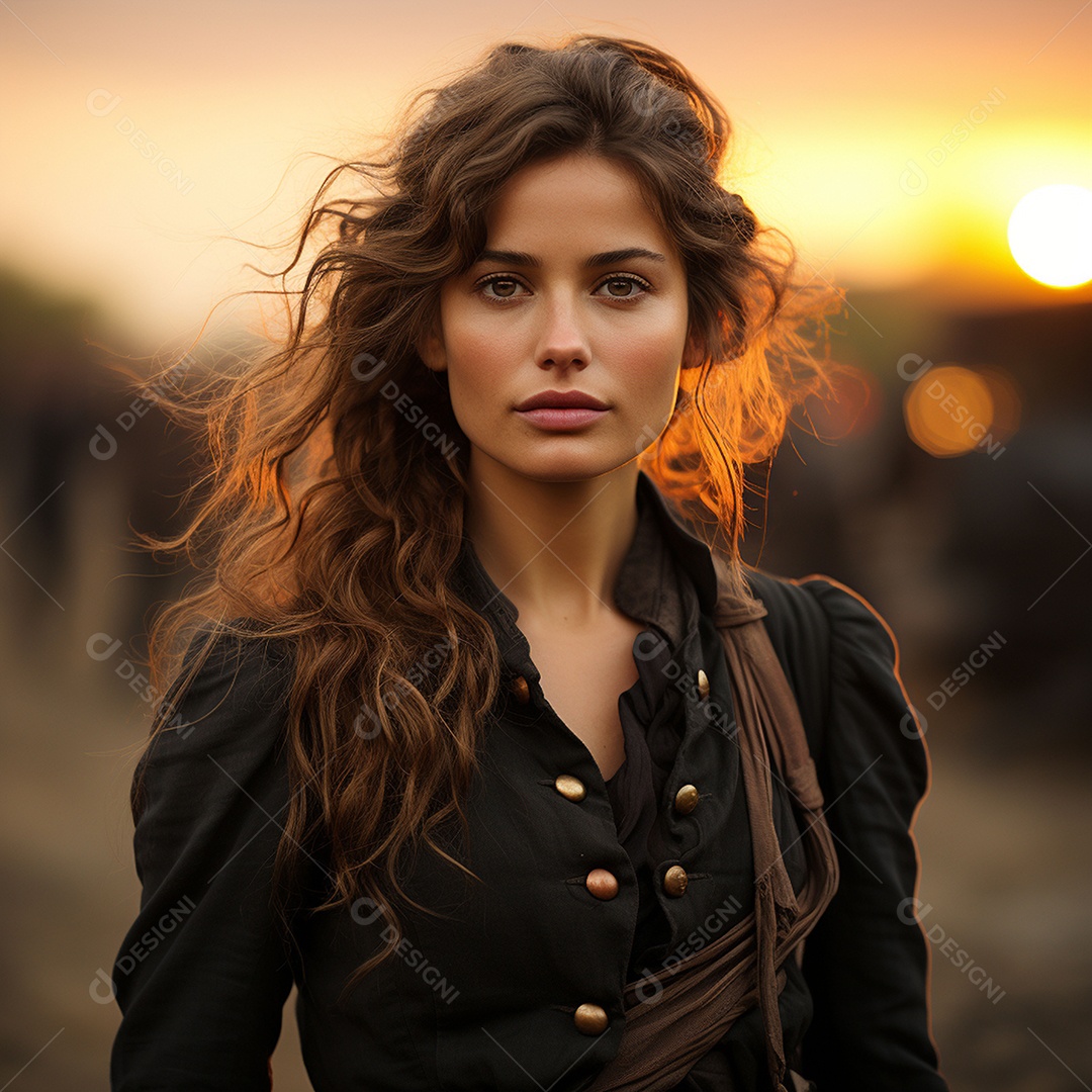 Mulher soldado italiana sob fundo de um pôr do sol