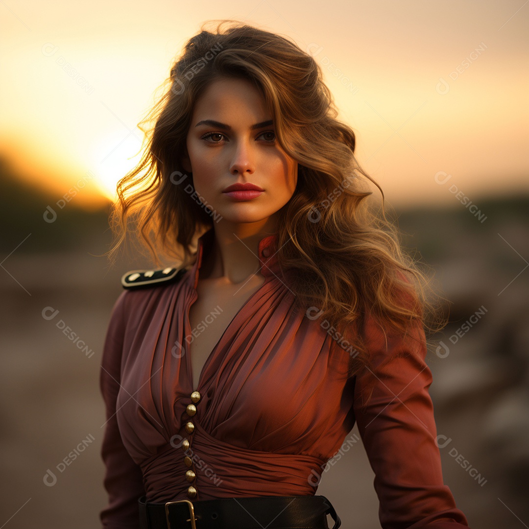 Mulher soldado italiana sob fundo de um pôr do sol