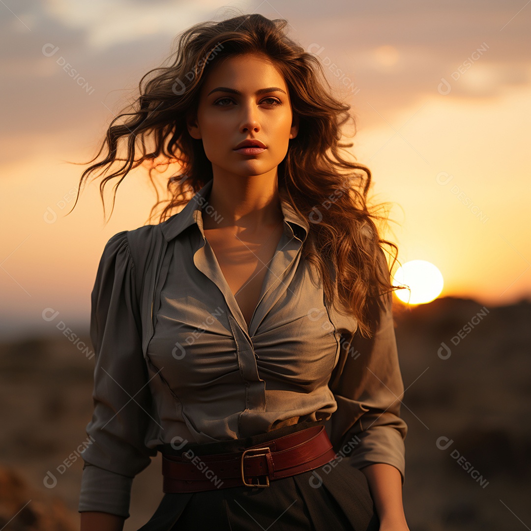 Mulher soldado italiana sob fundo de um pôr do sol