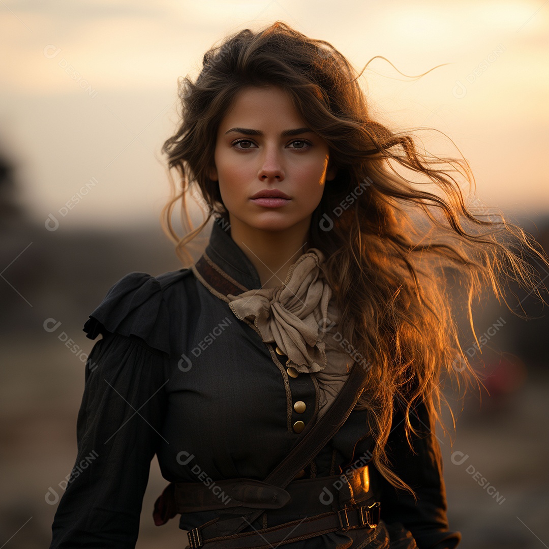 Mulher soldado italiana sob fundo de um pôr do sol