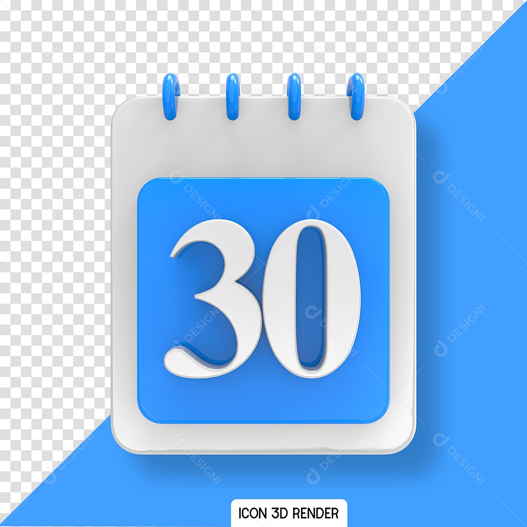 Calendário Dia 30 Elemento 3D Branco Azul para Composição PSD
