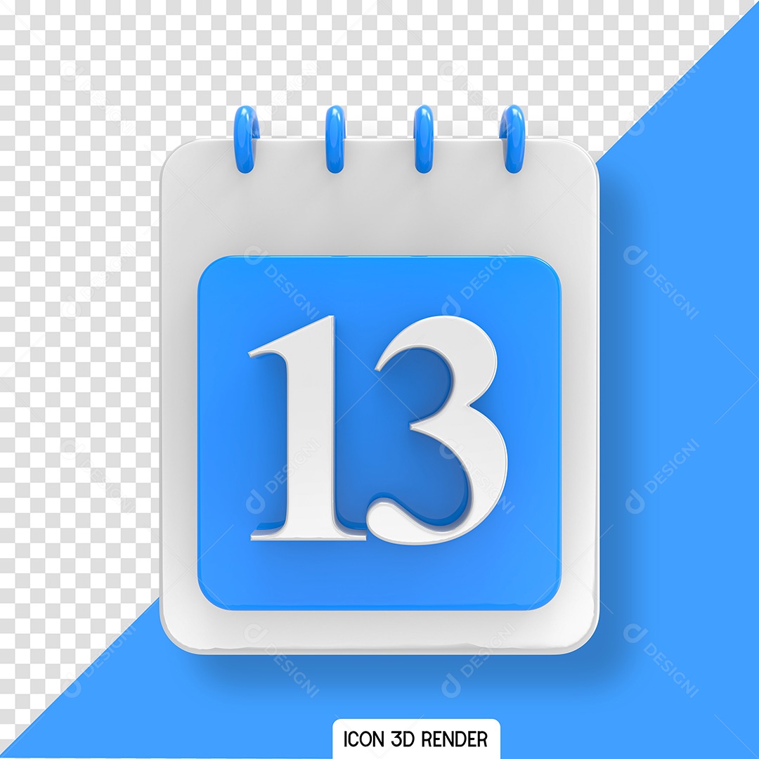 Dia 13 Calendário Elemento 3D Azul Branco para Composição PSD