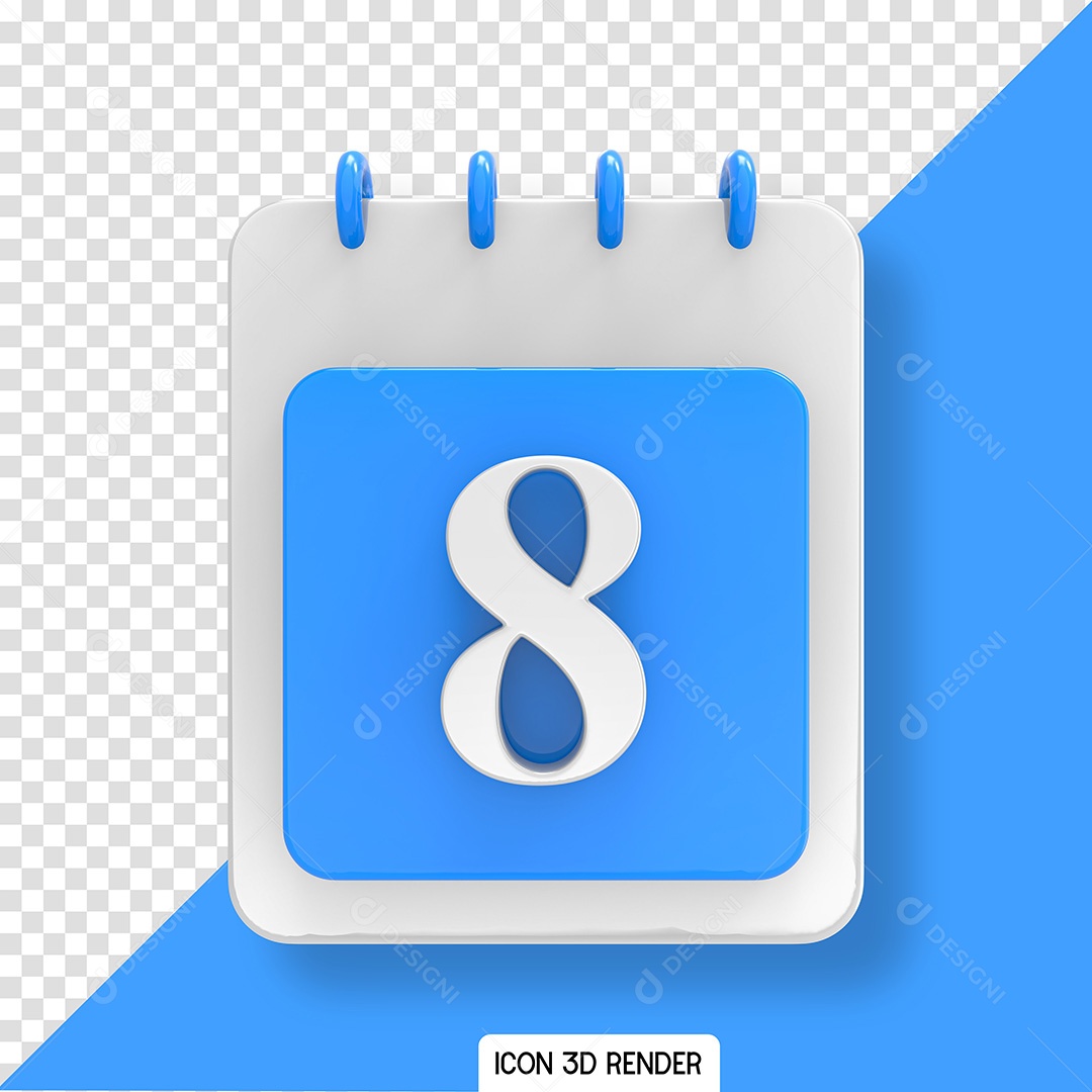 Calendários Dia 8 Elemento 3D Azul Branco para Composição PSD