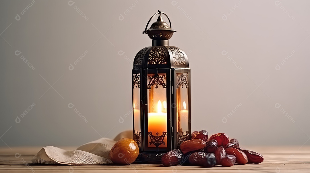 Lanterna islâmica com tâmaras e frutas fundo do Ramadã Kareem