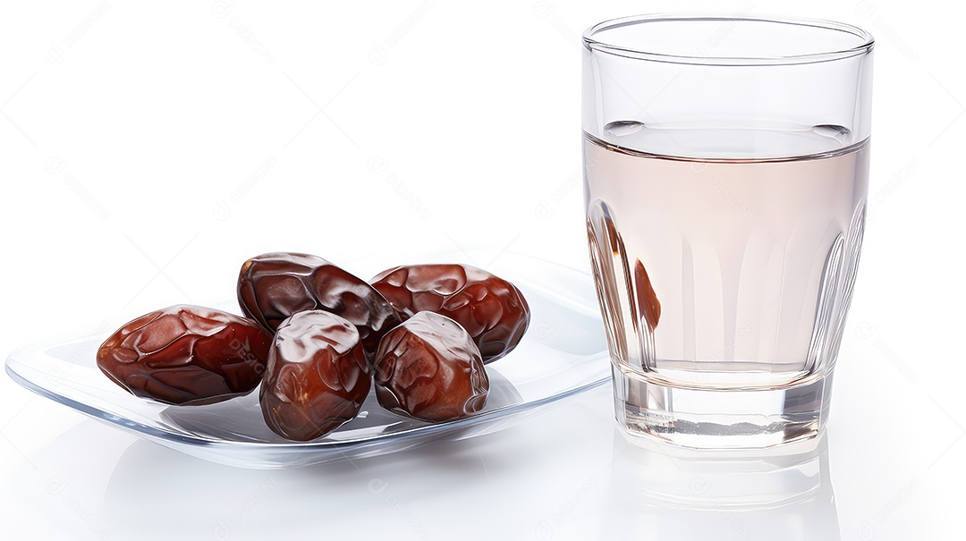 Tâmaras com copo de água em fundo branco
