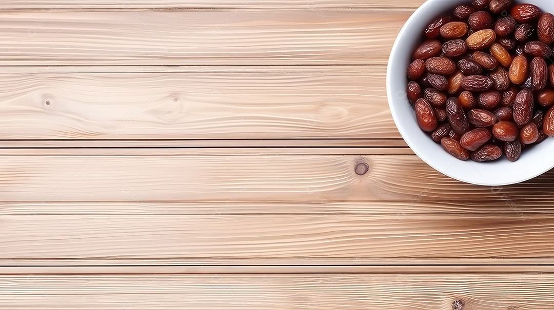 Tâmaras em uma tigela sobre fundo de madeira