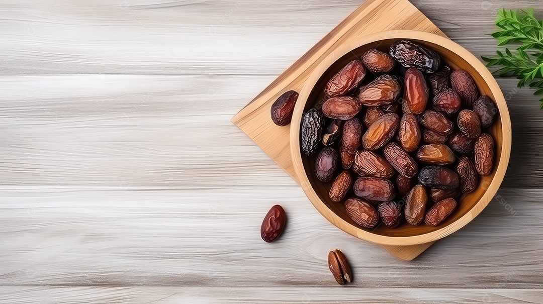 Tâmaras secas em uma tigela sobre fundo de madeira