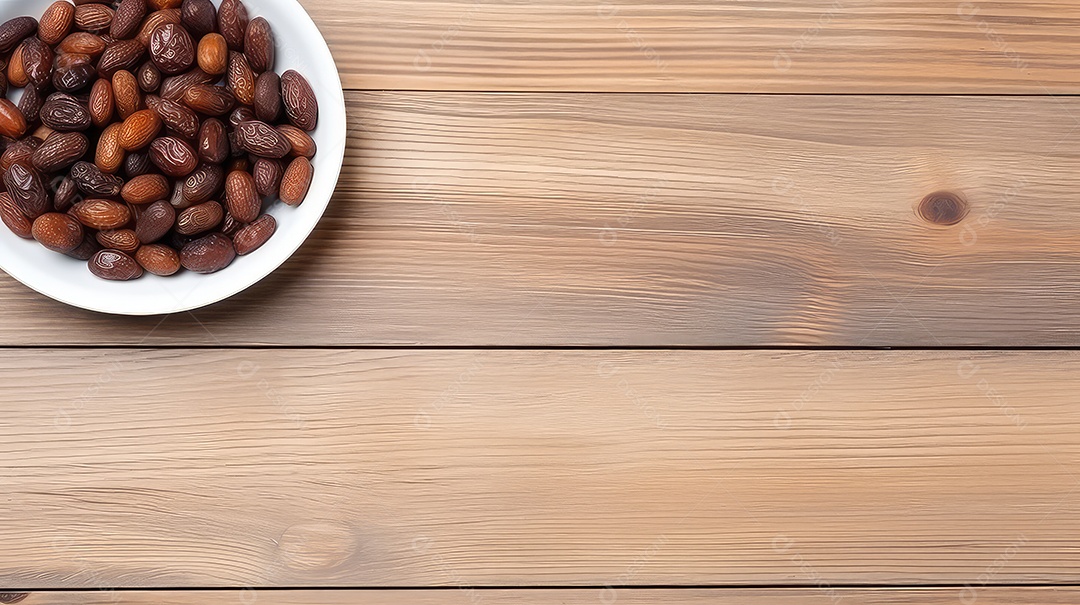 Tâmaras em uma tigela sobre fundo de madeira