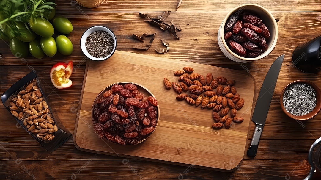 Frutas secas nozes e damascos secos em fundo de madeira