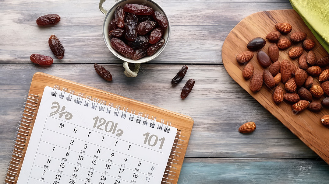 Vista superior de tâmaras amêndoas e calendário sobre fundo de mesa de madeira