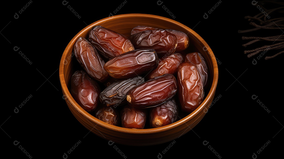 Tâmaras secas em uma tigela sobre fundo preto
