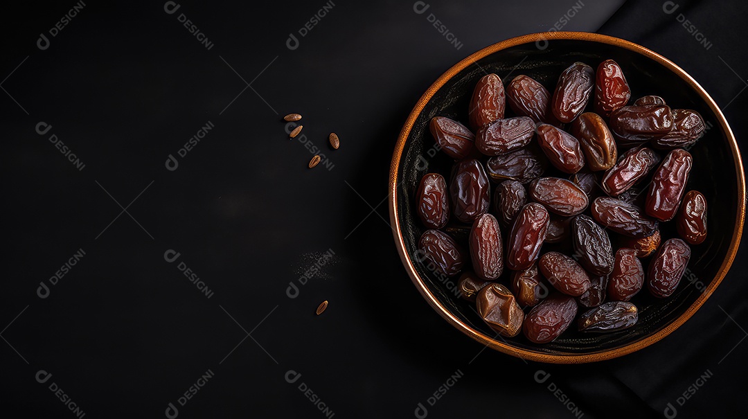 Tâmaras secas em uma tigela sobre fundo preto vista superior