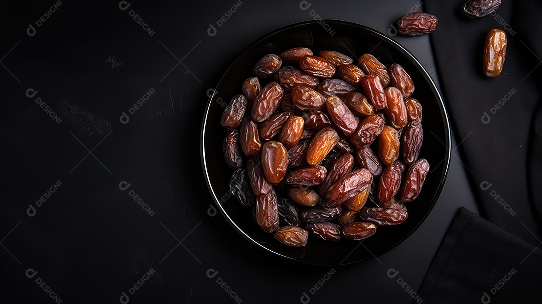 Tâmaras secas em uma tigela sobre fundo preto