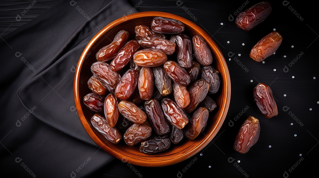 Tâmaras secas em uma tigela sobre fundo preto