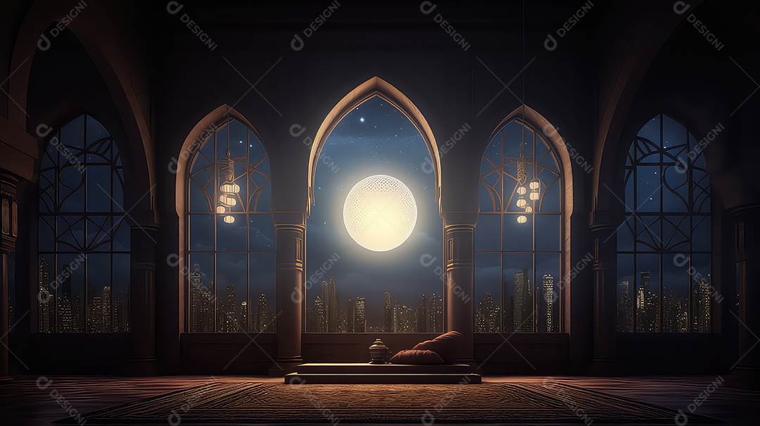 Bela mesquita com a lua ao fundo