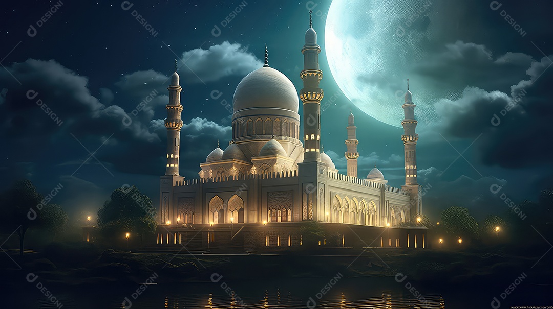 Bela mesquita com a lua ao fundo