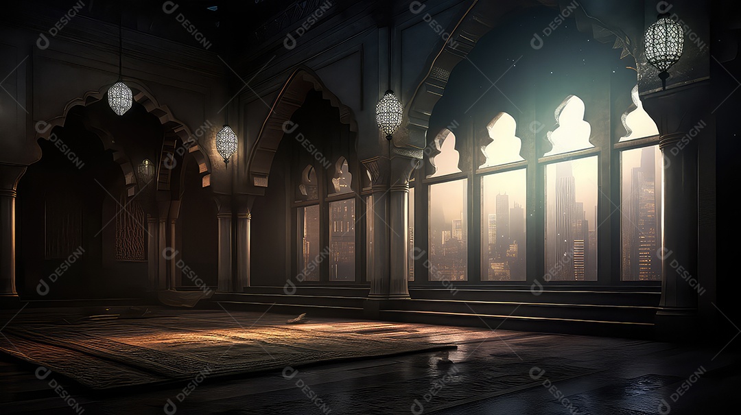 Bela vista do pôr do sol na janela da mesquita