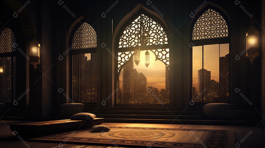 Bela vista do pôr do sol na janela da mesquita fundo da noite do Ramadã