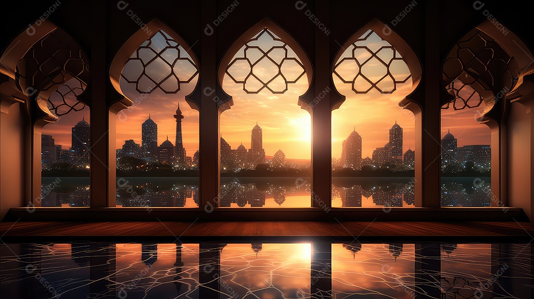 Bela vista do pôr do sol na janela da mesquita