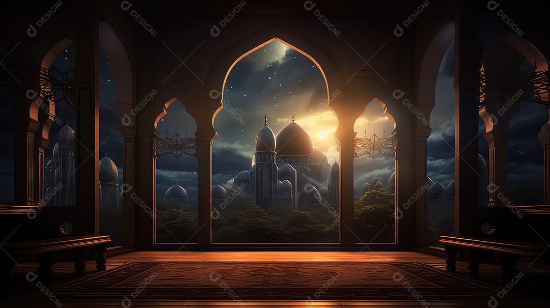 Bela vista do pôr do sol na janela da mesquita